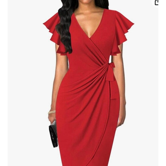 Oten Deep V Neck Ruffle Sleeve Faux Wrap Dress Red Size 2XL New With Tag - Picture 1 of 6